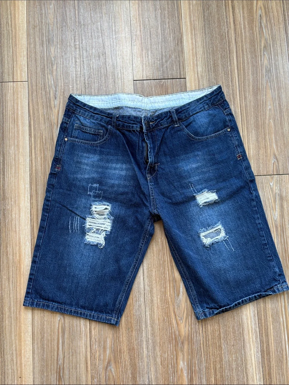 Amazon Men's Ripped Denim Shorts in Dark Blue and Light Blue Wash